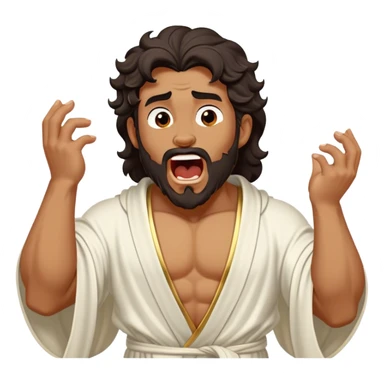 Cinematic Realistic Hercules Portrait, head tilted slightly with a dramatic, wide-open yawn, capturing a moment of relaxed vulnerability in this Disney-inspired Greek hero reminiscent of Michelangelo's David. His idealized bronze skin and thick, wavy dark hair maintain sculptural perfection even in repose, while his flowing white robe with understated golden accents softly catches ambient light, revealing a tender glimpse of serene, timeless strength. sticker