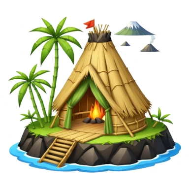 bamboo hut with volcano in the back in Volcano Island  sticker