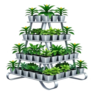Very Large alien-futuristic multi-tier multi-level square-sided plant rack, which holds thirty-five plants, constructed from plywood sticker
