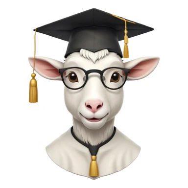 A minimalistic and cartoonish bust of a goat wearing a classic graduation cap (mortarboard) with a tassel hanging slightly to one side. The goat has a confident yet slightly goofy expression, with small round glasses on its nose to emphasize intelligence. It is dressed in a simple academic gown or a collar with a red bow tie for a scholarly look. The background is plain white to keep the focus on the character. The design is sleek, modern, and fun, with smooth lines and soft shading. sticker