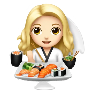 cute plate of sushi and a blonde girl eating it sticker