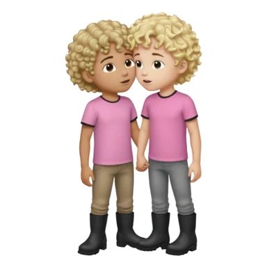 Two boys, one wearing all pink with curly brown hair and one blonde wearing a gray t shirt and black boots, they are kissing  sticker