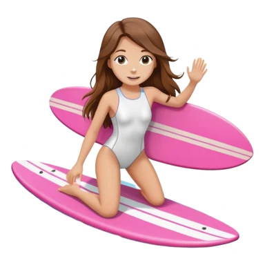 Girl with long brown hair surfing at pink short board in the white swimsuit  sticker