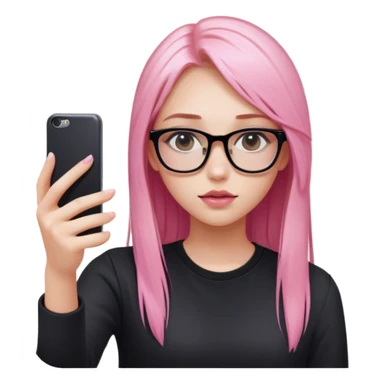 A teenage girl taking a selfie in a school bathroom. She has long, straight blonde and pink-dyed hair, wears rectangular glasses and a black shirt. Her expression is neutral with glossy lips sticker