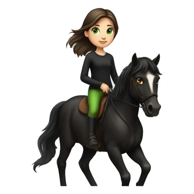 A pale little girl with dark brown hair, green eyes, orange pants and a black shirt riding a black horse  sticker