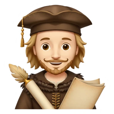 Shakespeare emoji with feathered cap, holding a scroll, smiling, classic emoji style sticker