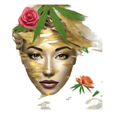  Hemp 420 lady face melting gold drizzle kintsugi multicoloured funky palm leaves tropical made of 420 origami newspaper roses hemp leaves bokeh and paper and hemp leaves in hair sticker