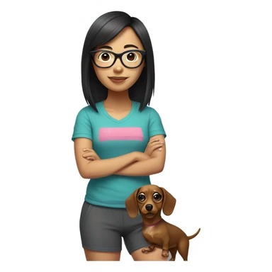 Short asian girl with glasses wearing workout shorts and tshirt and crocs holding a dachsund sticker