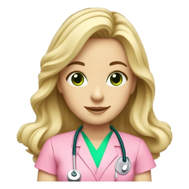 pale blonde girl with long wavy hair and green eyes wearing pink scrubs and stethoscope  sticker