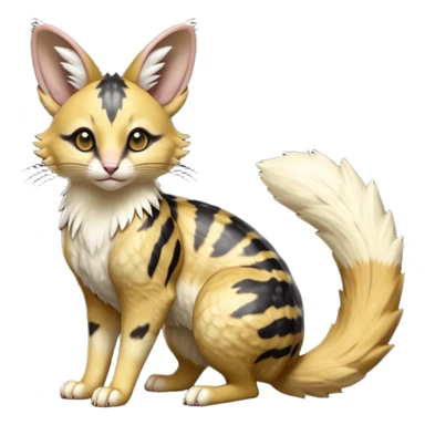 Hyper realistic  obsidian fur etched with molten gold fault-lines and dark mirror shine beautiful elegant pretty precious cute  Fakémon-Pokémon-opossum-feline-serval-caracal-chinchilla-Furret-Minccino-hybrid-creature with a big fluffy bushy tail (full body) sticker