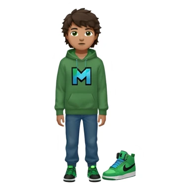 a 14 year old slightly tanned teenage boy with dark brown tousled wavy hair, dark brown eyes wearing a green tshirt, a dark green minecraft hoodie, blue jeans and green nike air jordans sticker