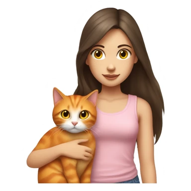 a white girl with hazel eyes and dark brown long hair petting her orange cat with yellow eyes. the girl is wearing a pink tank top with light wash jeans.  sticker