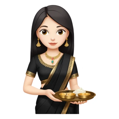 Russian girl in Indian black saree with full image from head to leg and holding a cream colour small tray in her both hands sticker