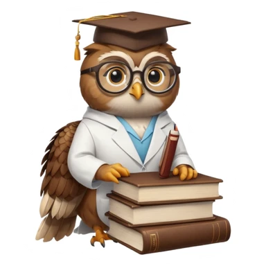 Wise owl with glasses, wearing a lab coat, perched on a stack of books. sticker