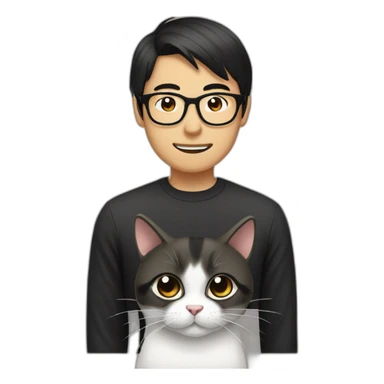 round tan bespectacled Asian Man with black neck length hair and a black and white cat sticker