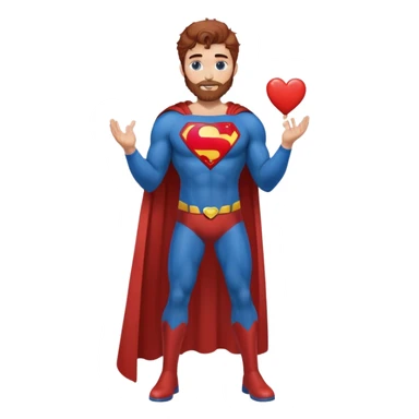 Adult-tall-full body- Superman-with redish brownish messy hair-full neatly trimmed beard-blue eyes-holding a heart with both hands sticker