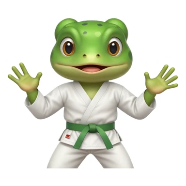 cute frog doing karate portrait, head and shoulders only, wearing white gi uniform, green belt visible, funny serious face, 3D cartoon, mobile game icon style, clean background, no text, no watermark
 sticker