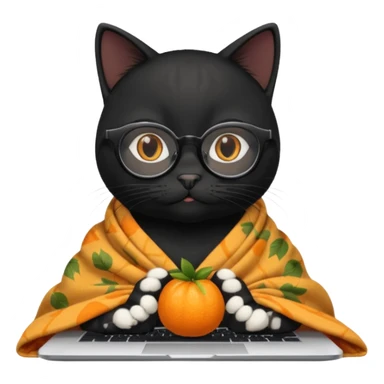 A black female cat working on a MacBook, with long, black straight hair, with round frames and thin glasses, and she wears a blanket with an orange fruit pattern sticker