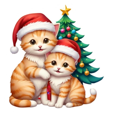 two hugging cream happy fluffy cute smiling kittens with Santa hats by a colorful multicolored brightly lit up Christmas tree sticker