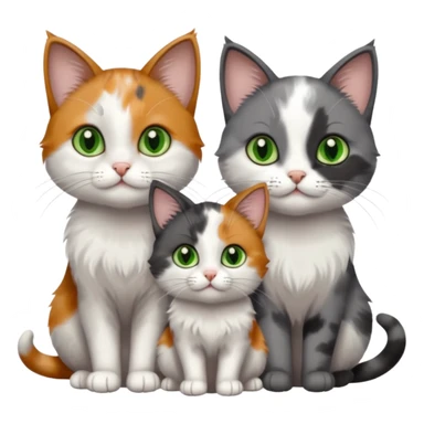 3 different coloured small cats including a dark grey and white, and a patchy calico with hazel eyes and a completely solid dark grey with green eyes and only white paws sticker