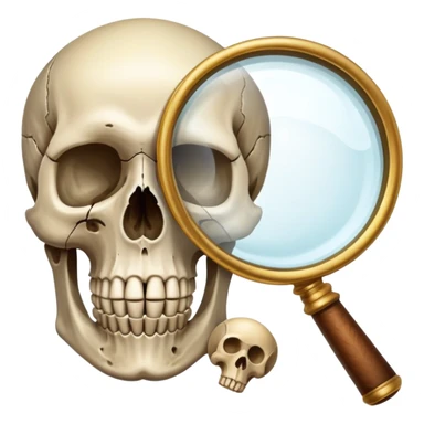 An icon showing a skull and ancient artifacts, representing anthropology. The design features a magnifying glass examining bones, fossils, and cultural symbols, symbolizing the study of human evolution and societies. Transparent background  sticker