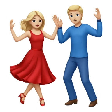 Two people dancing, one wearing red with blond hair and one wearing blue with brown hair and dark skin sticker