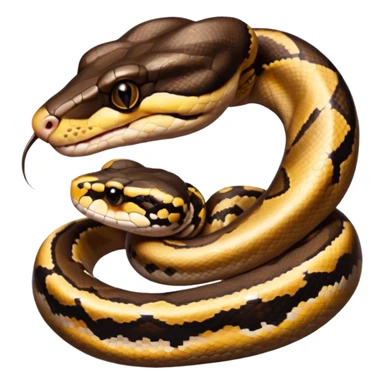 A photo-realistic digital illustration of a Ball Python, large headshot portrait. The snake has a short, rounded snout and smooth, soft contours, with a gentle, inquisitive expression that gives it a slightly playful charm. Its head is warm brown with bold, irregular dark markings. sticker