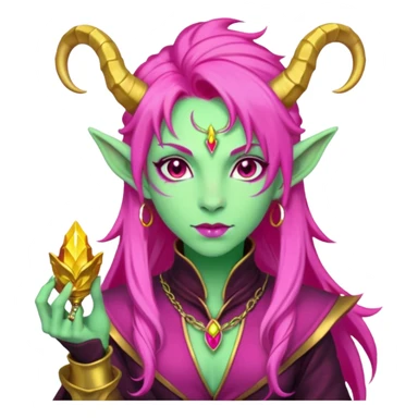 A D&D tiefling with pale green skin and long hot pink hair. She is a rouge and is obsessed with gold sticker
