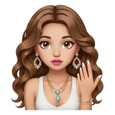 Light skinned girl, long wavy brown hair center-part with face framing pieces, big hazel eyes, lots of jewelry, white tank, prominent blush, sassy, big lips, makeup, fancy long acrylic nails done sticker