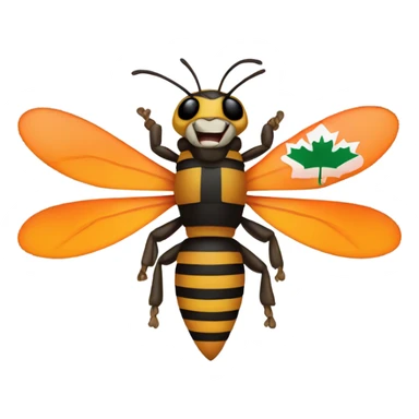 A hornet emoji except he has bright highlighter orange stripes instead of yellow and is holding a Canadian flag sticker