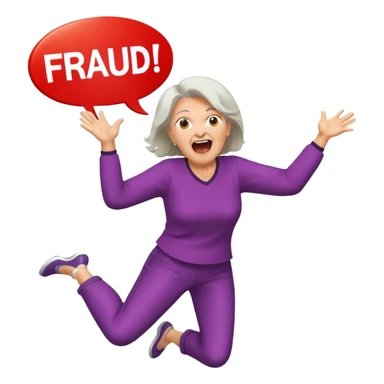 Older Woman jumping screaming and word “fraud” in a bubble sticker
