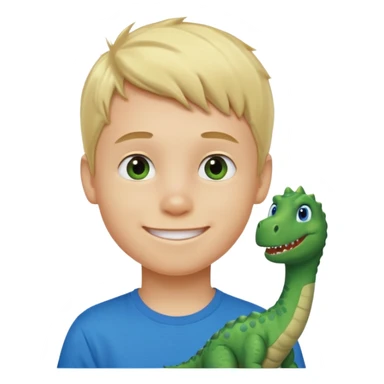 A smiling blond boy with blue eyes wearing a green dinosaur T-shirt sticker