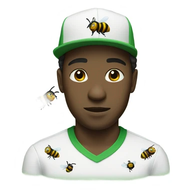 Black man with a white shirt and green cap with his face covered by a bee flying through sticker