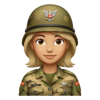 Female soldier emoji in Apple style, no cap/helmet, bust portrait, gentle smile, generic camo, hair visible, soft gradients, transparent PNG sticker