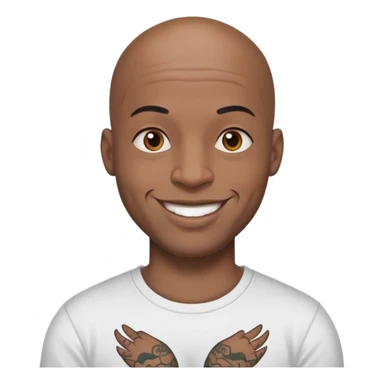 bald black man with bold full face tattoos, happy face, wearing a t-shirt sticker