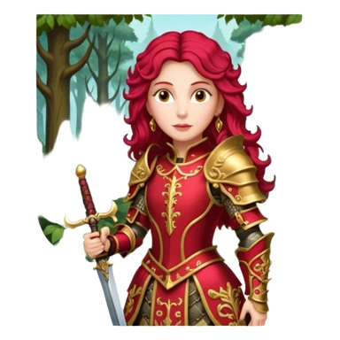realistic cinematic actress Cher in baroque styling with crimson armor in a forest sticker
