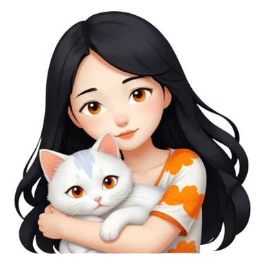 East Asian girl with long flowing black hair hugging a predominantly white cat with orange patches, sweet and gentle, cute facial expressions sticker
