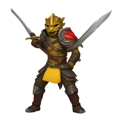 Dragonborn fighter with twin swords  with red blades and yellow Handels sticker