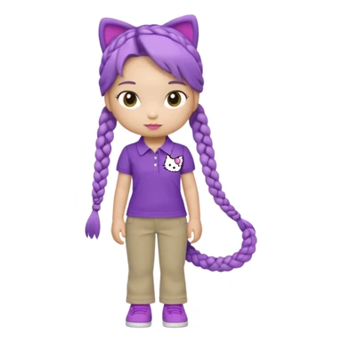 hello kitty wearing purple polo shirt and kyaki pants with long fishtail braids baddie with 2025 efect sticker
