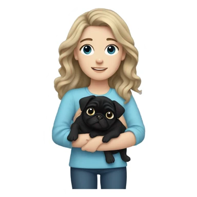 Girl with wavy dark blonde hair and blue eyes holding a black pug sticker