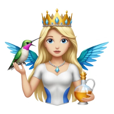 full body woman long blonde hair blue eyes white skin muscular build hummingbird crown and nectar flask sticker