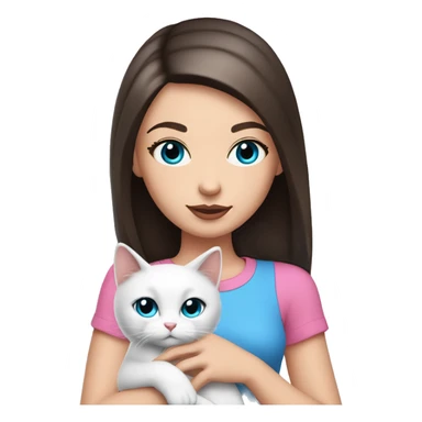 white girl with straight dark brown hair and blue eyes with pink lips and long eyelashes wearing a pink shirt holding a white cat sticker