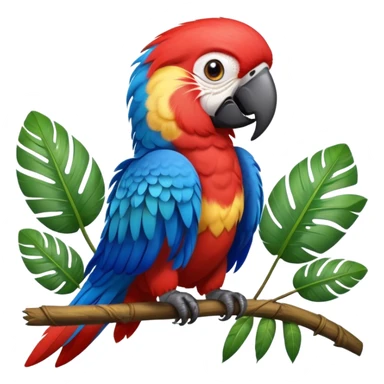 Cinematic Realistic Cute Macaw Portrait Emoji, Head tilted playfully and inquisitively, featuring a compact, lively build with intricately detailed, vivid scarlet and blue feathers and a charming, expressive face with round, sparkling eyes full of tropical wonder, rendered with realistic texture and vibrant natural hues, high shine, affectionate and spirited, styled with a touch of whimsical rainforest charm, soft glowing outline, capturing the essence of a mischievous yet lovable macaw that seems poised to flutter playfully into your arms! sticker