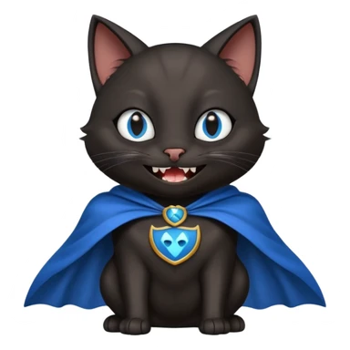 an all black anthropomorphic cat with blue eyes wears an all black cape and is smiling a mischievous sharp tooth grin sticker