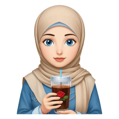 Turkish beautiful finish Konya girl blue eyes with beige denim hijab islamic dress and had on her hand Rose Cold brew coffee   sticker