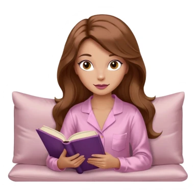 Woman with light tanned skin reading a book on Beige sofa. Long wavy medium brown hair. Beige ivory colour background. Very pale pink silk pyjamas. Realistic. Foxeye with long lashes. Pinky mauve lips. sticker