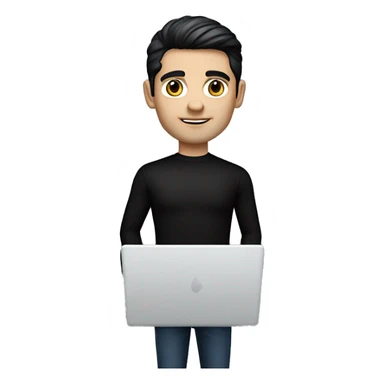 memoji of a confident male realtor with a laptop in front, apple-style, modern ,dark hair,black sweater,computer in hand,white skin, an avatar image gonna be round  sticker