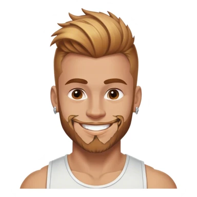 smiling muscular 28 year old man with silver jewelry, light brown hair that has and reddish blond  highlights, and a fauxhawk with trimmed beard cleaning sticker