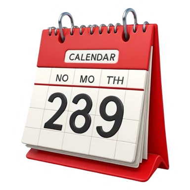 Apple-style 3D emoji icon of a calendar in perspective view, minimalistic design, only one centered date number, no month name, no weekday, no text or symbols other than the single number, realistic glossy material, soft depth, clean and detailed rendering sticker