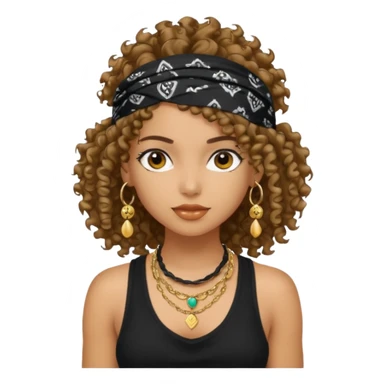 Baddie girl with black  tank top curly hairss and bandana and jwellery sticker